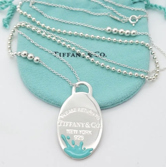 Tiffany & Co. Jewelry - FINAL SALE 🚨Tiffany & Co Large Sterling Blue Enamel Oval Splash Necklace 28-30"